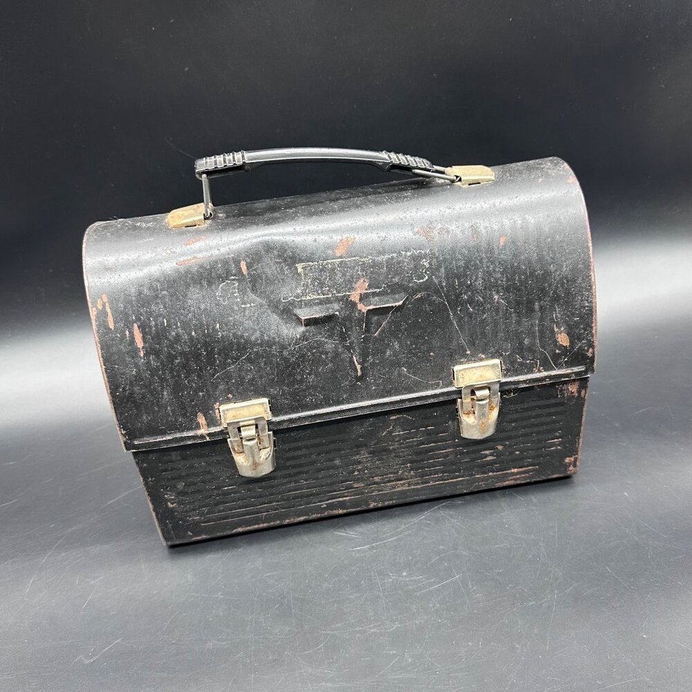 Vintage Thermos V Lunchbox Black Metal USA 1950s Retro Doomed Toolbox Industrial